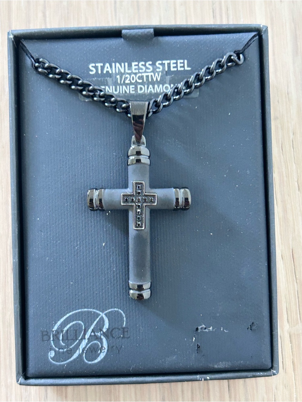 New Mens Brilliance Black Cross Stainless Steel 1/20CTTW Genuine Diamond